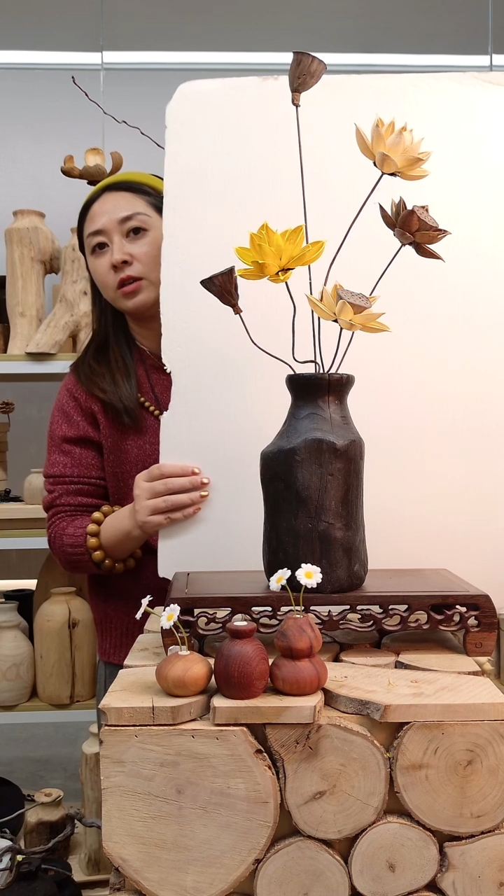 木实木花瓶一物一拍，直播间自然开裂侘寂