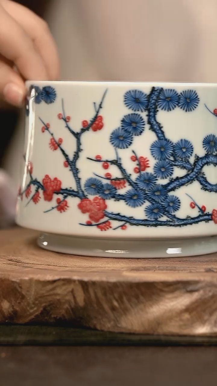 手绘高温现代瓷 气窑  有暇缩釉 松竹梅马蹄水洗800C