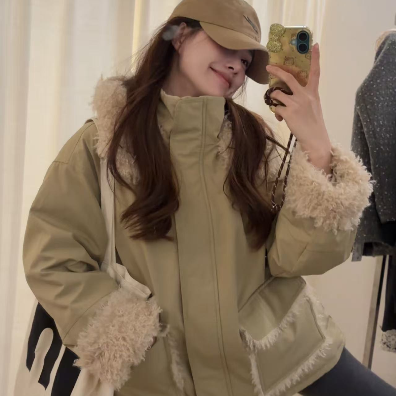 （你好露思）羽绒服韩系毛毛连帽派克女2024年冬季新款宽松