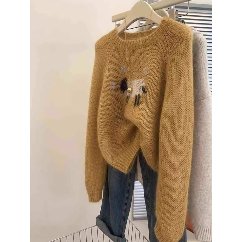 韩系宽松慵懒风卡通提花针织衫女秋洋气独特可爱减龄软糯圆领毛衣