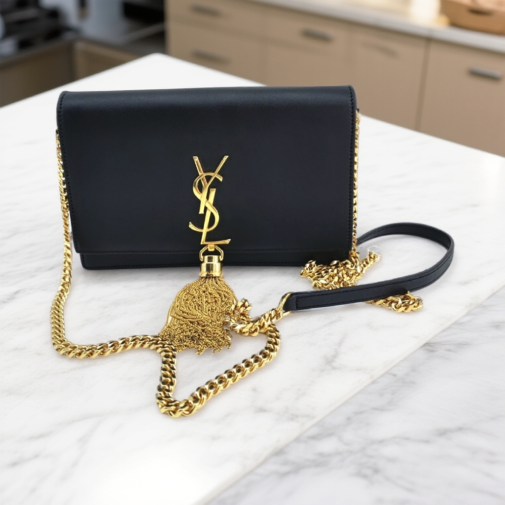 95新 YSL/圣罗兰  黑金流苏链条包 1741 7825 