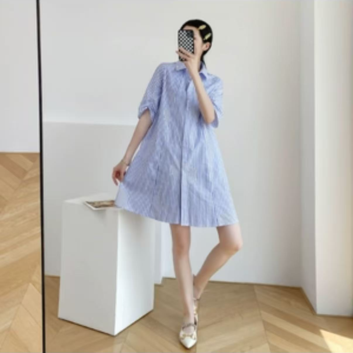 【TD】2025夏季新款韩版圆领短袖拼接气质显瘦中长款连衣裙女1257
