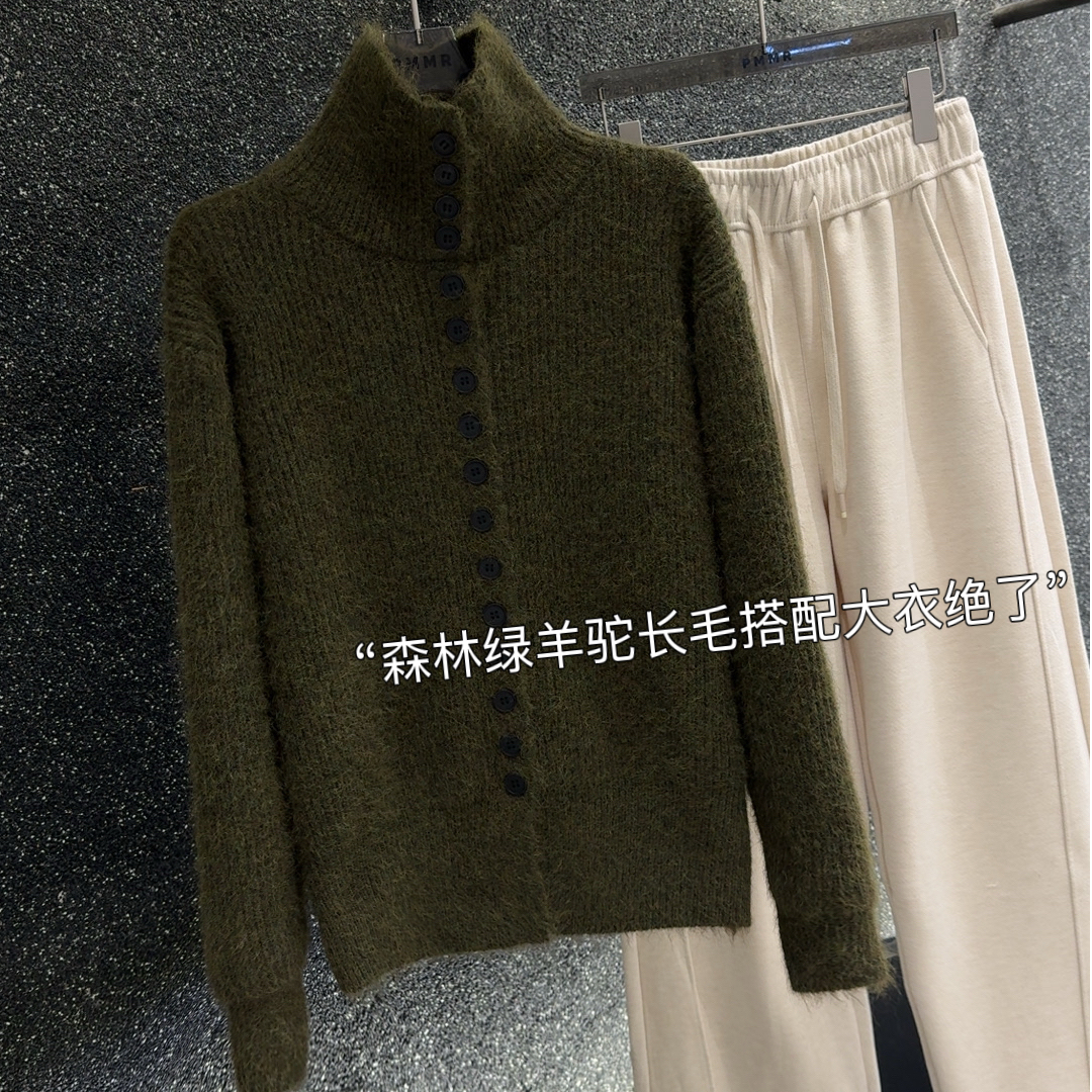 纽扣森绿」！羊驼长毛小个子加厚时尚韩版针织设计师潮牌女装