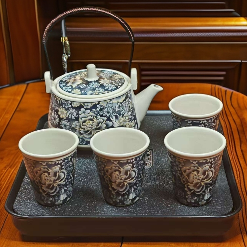 黑金手工万花提梁壶四杯+陶瓷茶盘茶杯高档茶壶1098