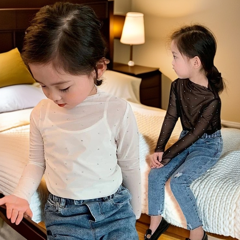 2025夏季女童网纱透气上衣长袖T恤防晒衣儿童时尚洋气外穿打底衫