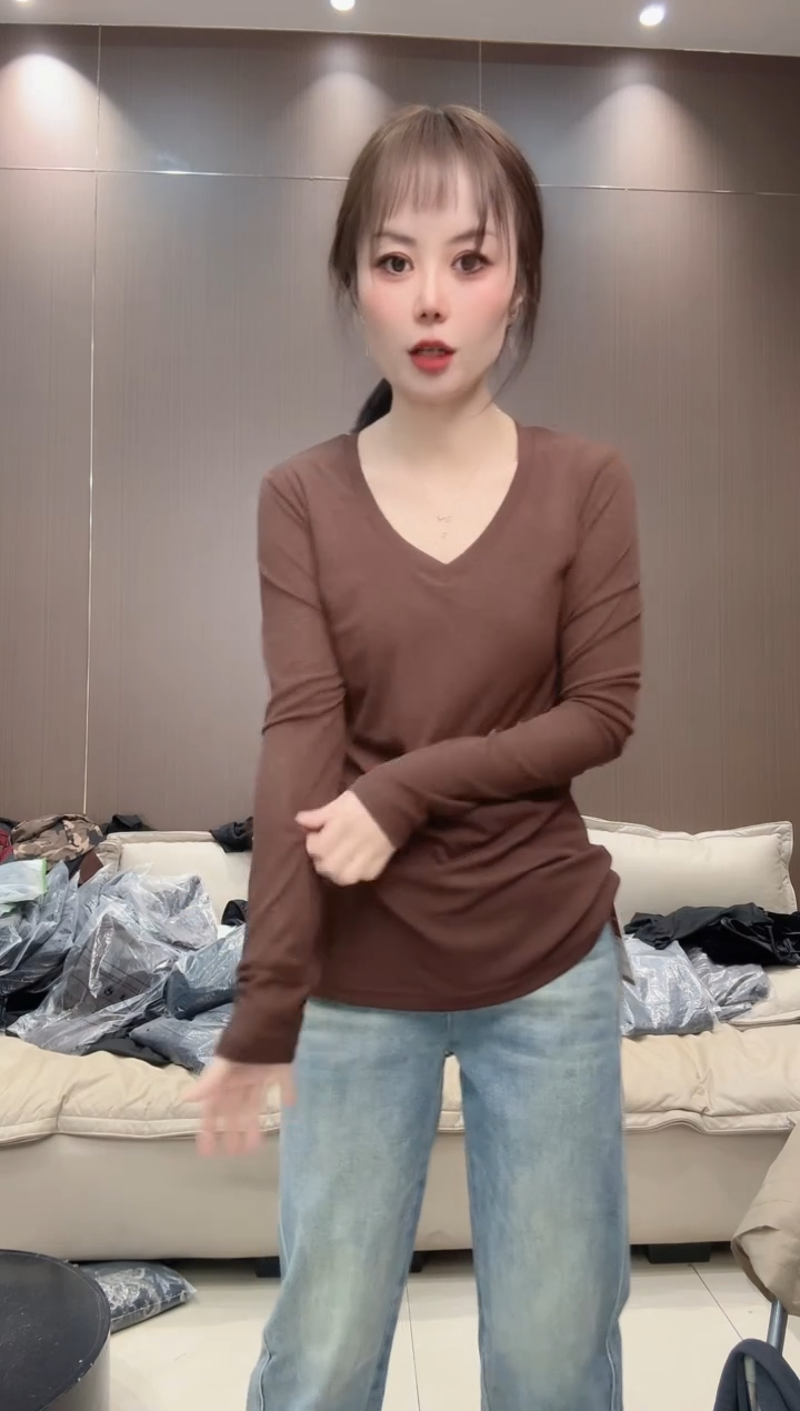 竹节麻V领咖色M码