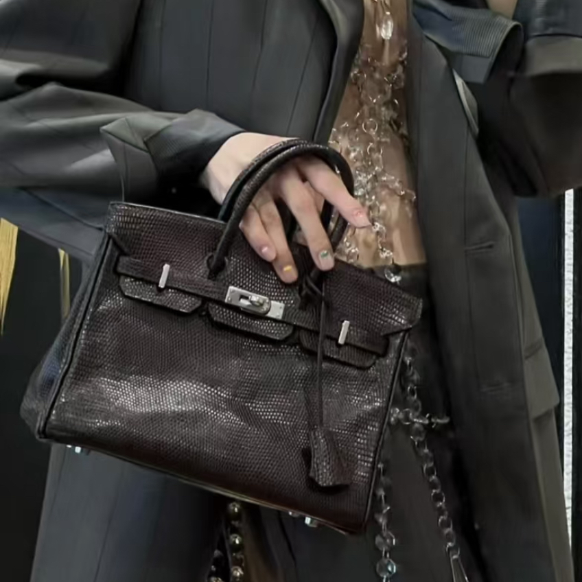 99新 Hermes/爱马仕 birkin25乌木色银扣蜥蜴皮框I刻