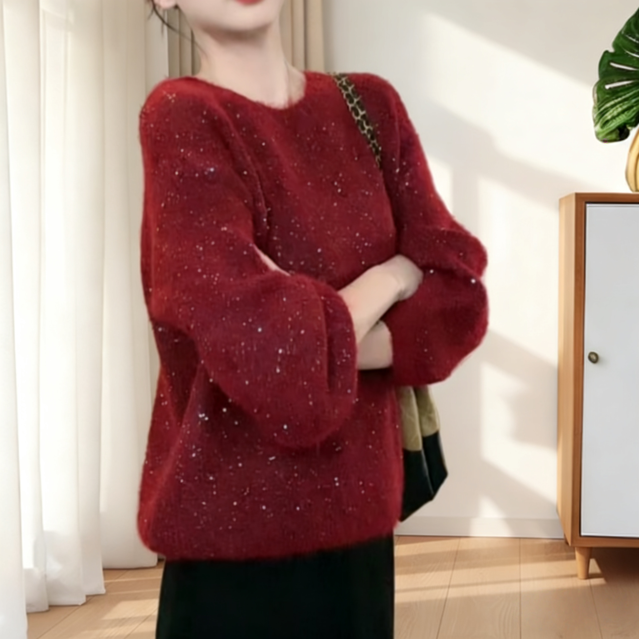 重工亮片圆领套头针织毛衣女秋冬新款宽松软糯短款针织打底上衣