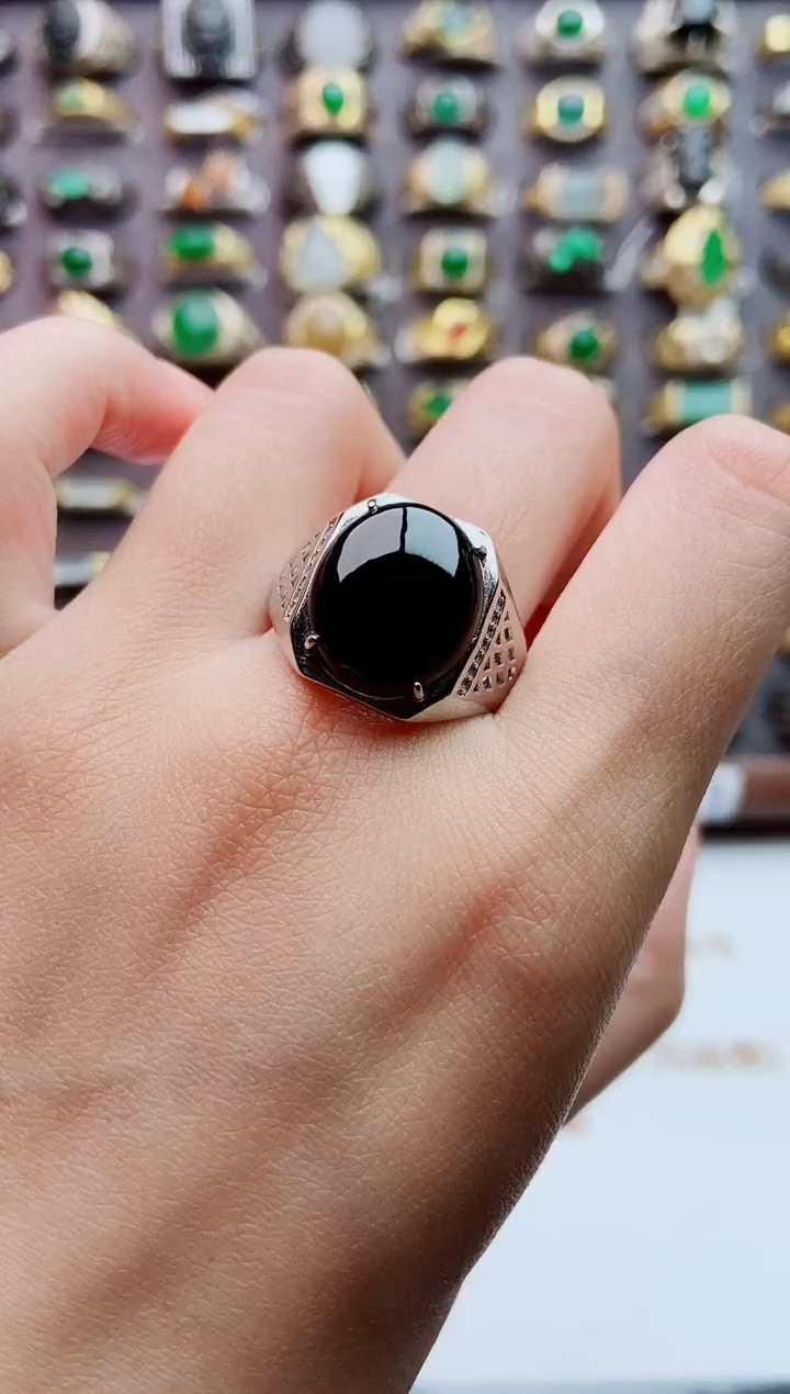 银S925镶嵌戒指翡翠天然翡翠男戒
