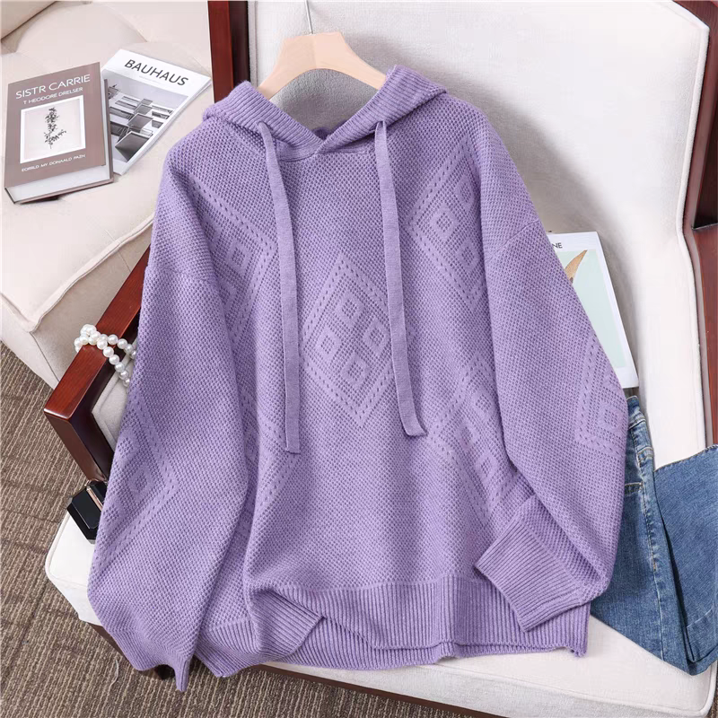 清-汤圆吖紫色菱形慵懒风套头连帽针织毛衣293224