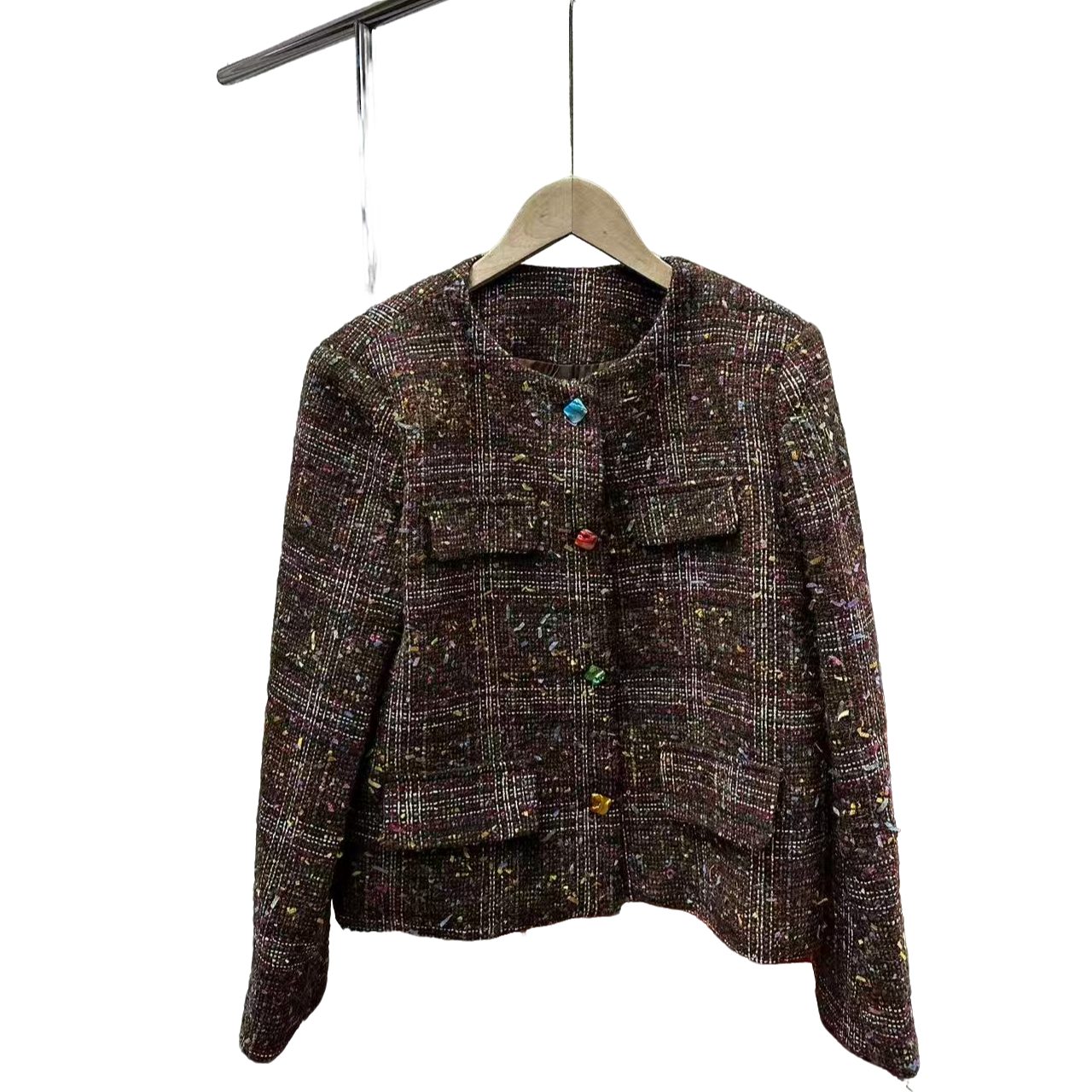 短款编织咖色彩色扣子设计款小香外套