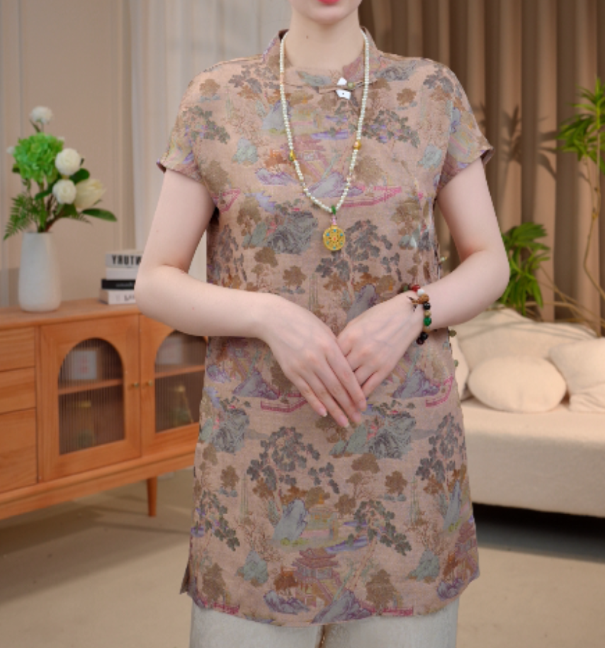 【景桥】新款花色新中式新款国风斜门襟小衫2025B7059-七月