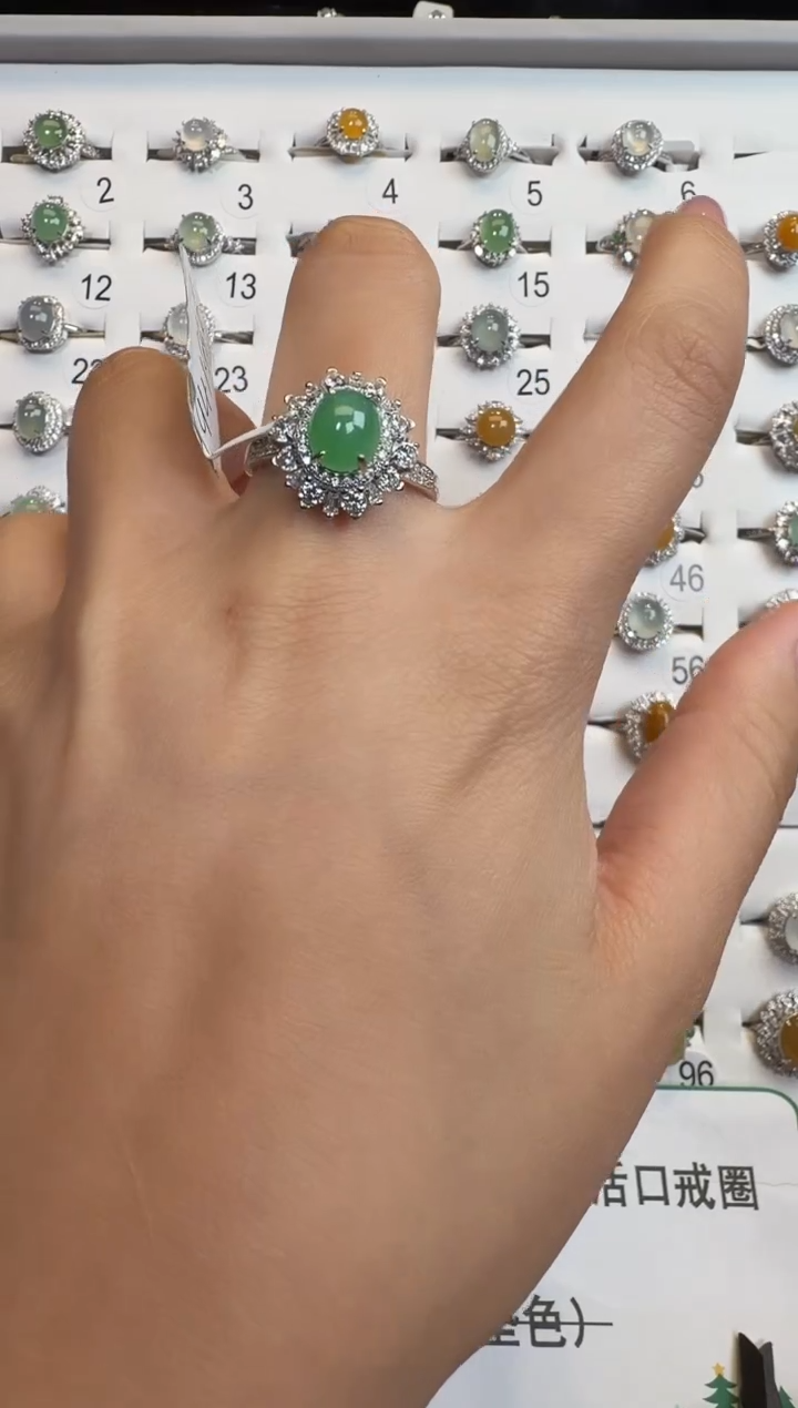银S925镶嵌戒指翡翠925银镶A货翡翠戒指152