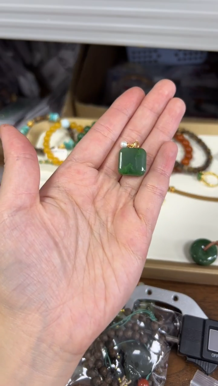 项链银S925镶嵌和田玉和田玉碧玉小方块银镶嵌吊坠[2866]