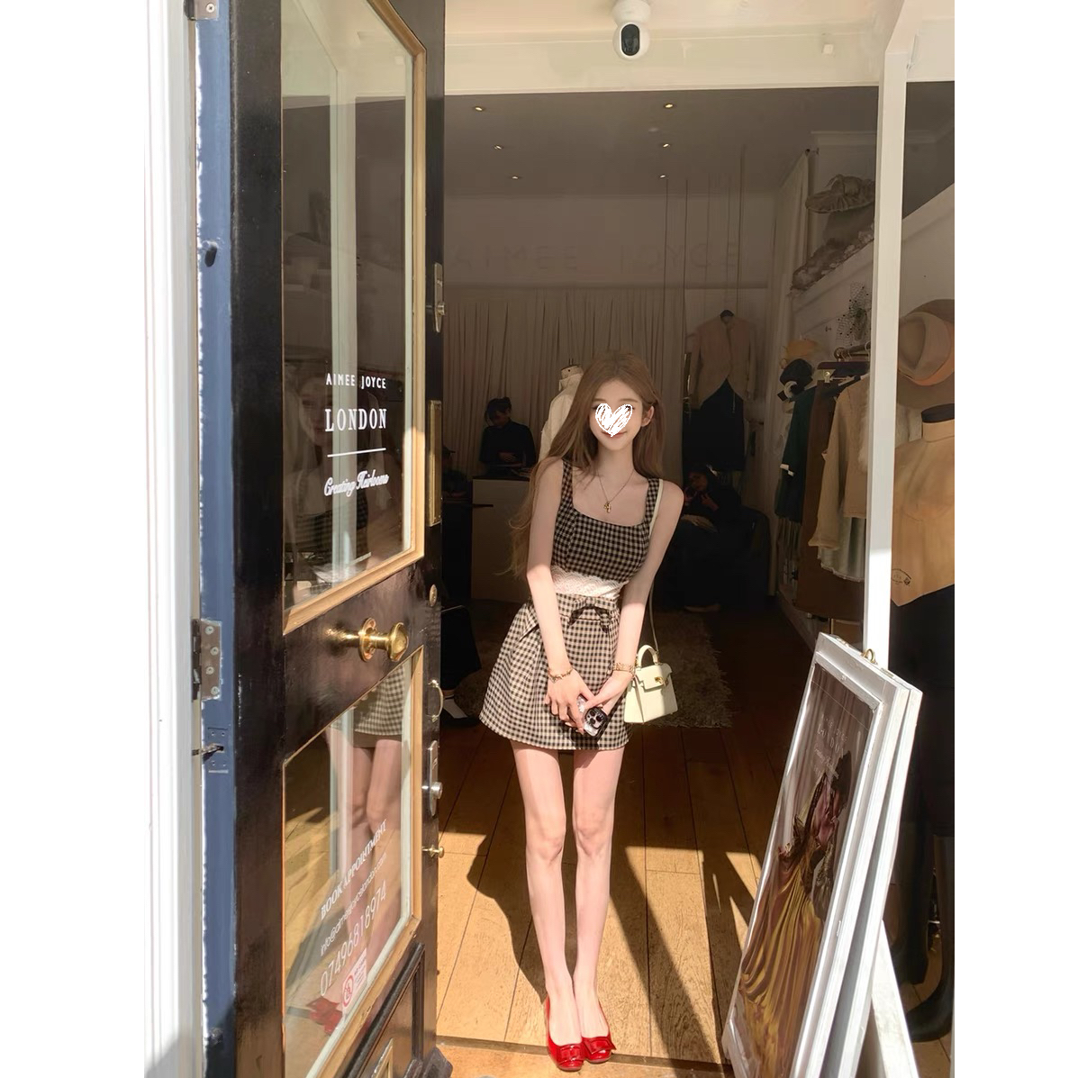 方领格子连衣裙女夏季设计感拼接蕾丝蝴蝶结裙子