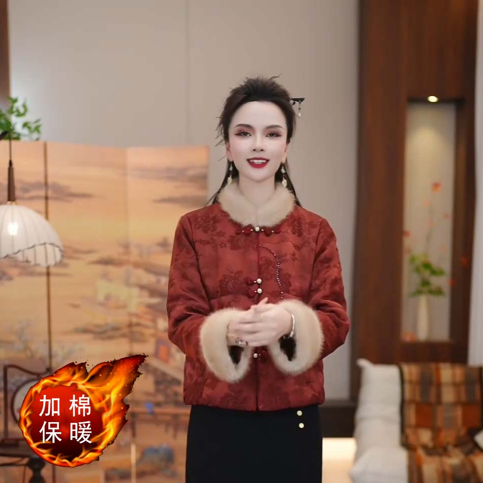 2025冬款新中式落梅红国风气质保暖外套M-4XL