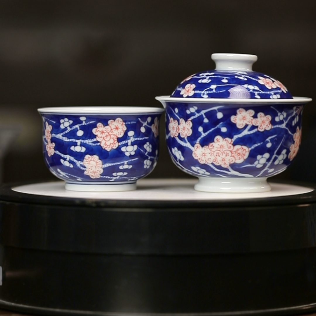 12.27a/M483+m482/青花红冰梅盖碗+杯