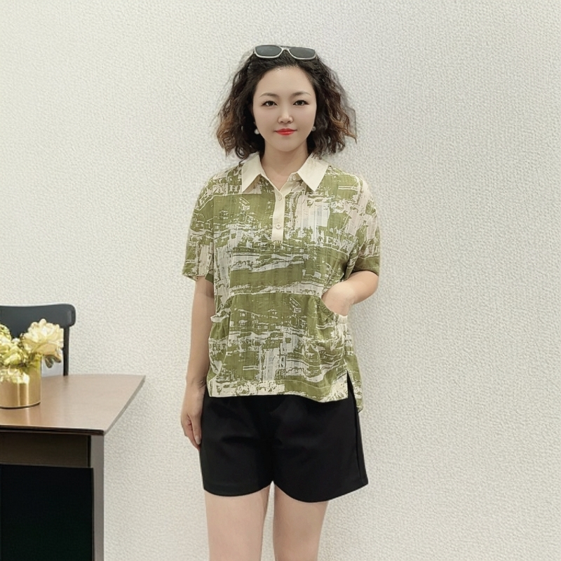 【阿祖家】HX418翻领花色宽松型前短后长纽扣小衫百搭显瘦