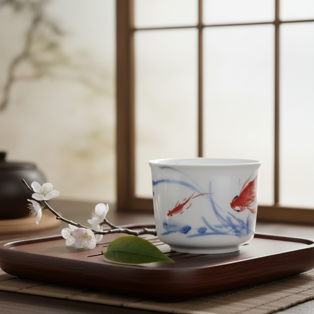 【觀文】红丰窑110ml金鱼小容天杯纯手工手绘景德镇青花瓷