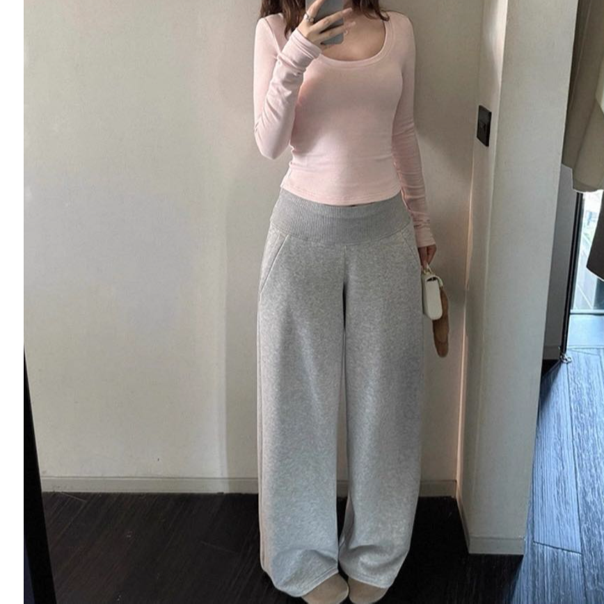 韩系加绒休闲松弛感拼接腰阔腿裤LTY 251836