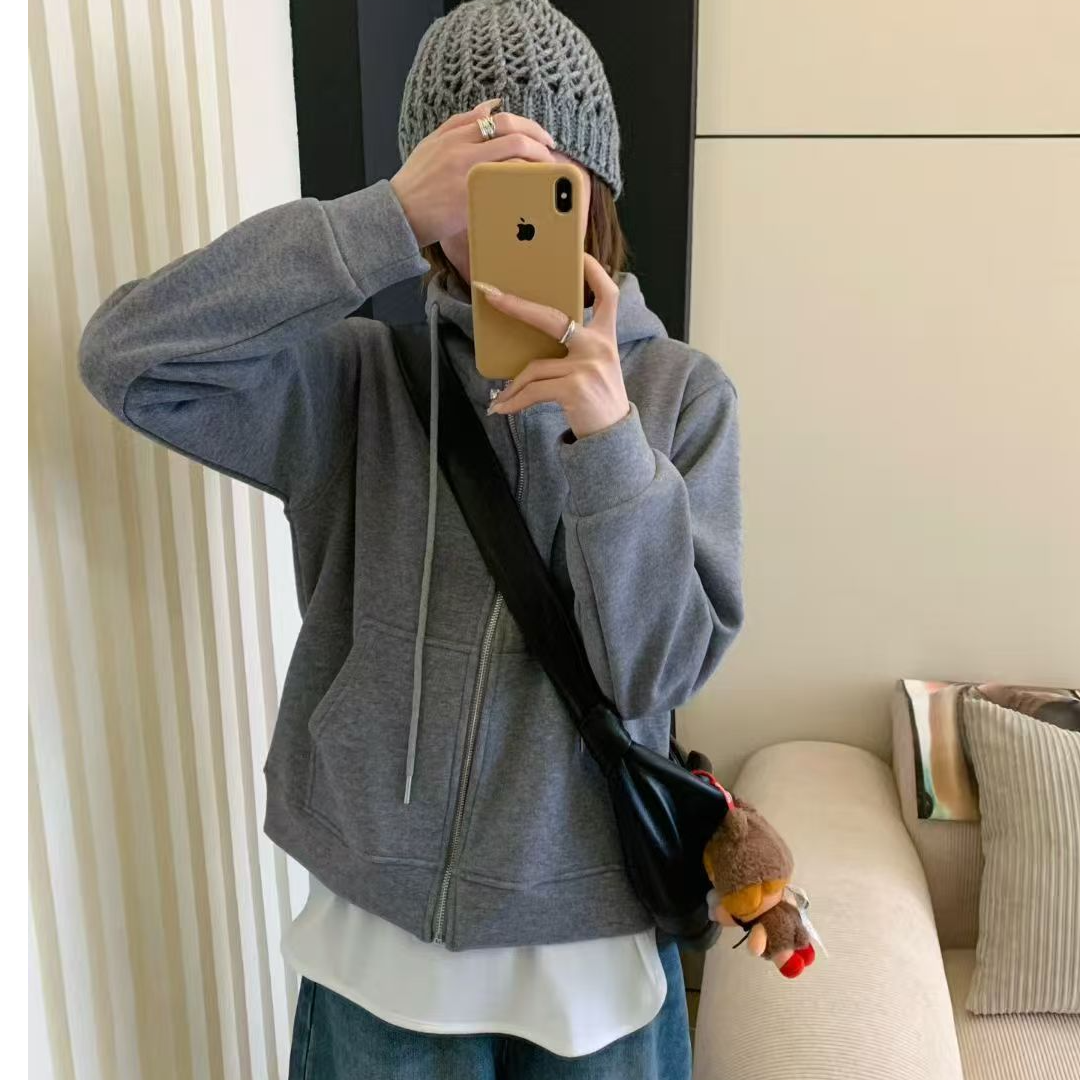 秋冬新款时尚百搭休闲小版加绒加厚连帽外套开衫短款女士25D009