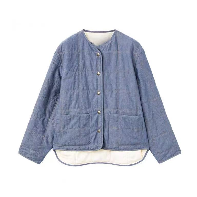LP老钱100棉时尚气质感休闲风外套女水洗牛仔方格圆领棉服AW25621