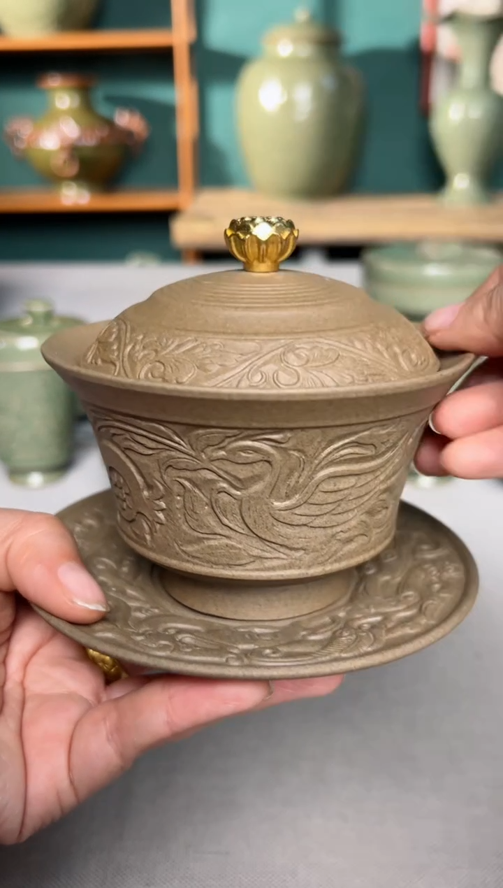 【闪购商品】其他耀州窑素胚瓷凤衔石榴马蹄三才盖碗