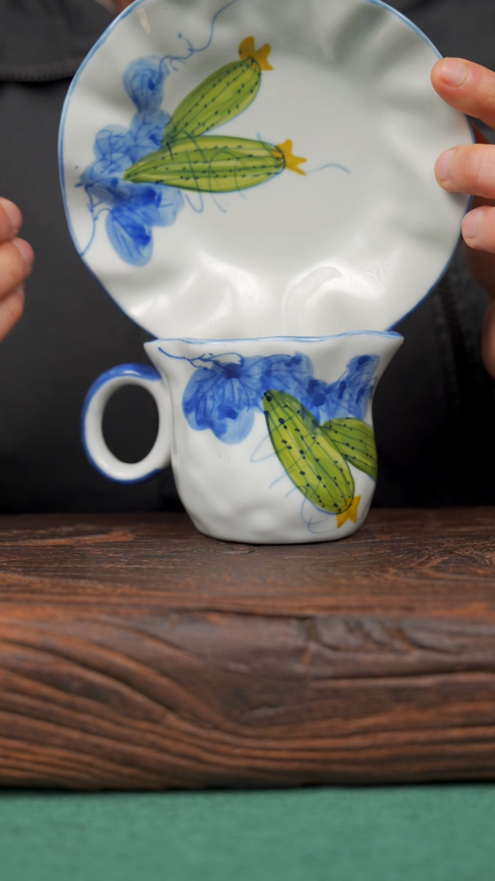 【闪购商品】瓷片景德镇杯釉下手工手绘瓷器 丝瓜咖啡杯