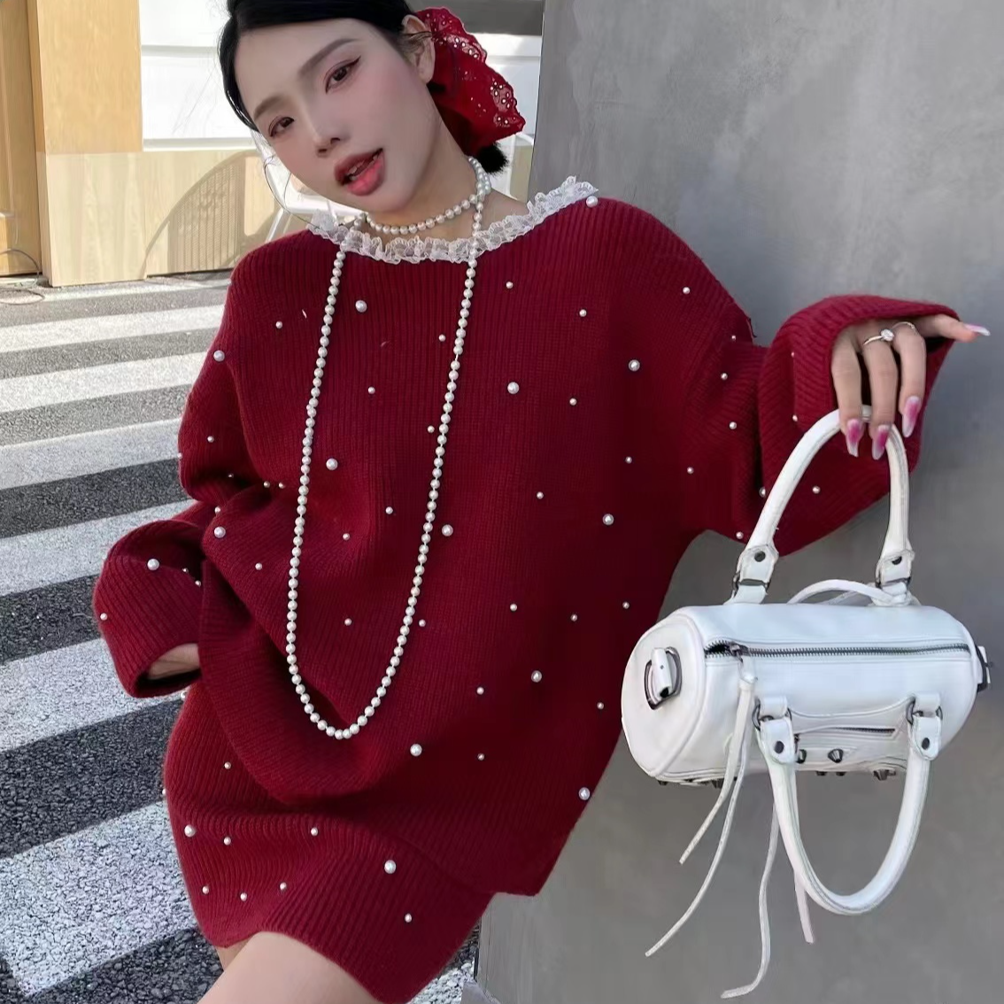 红色钉珠花边宽松毛衣配半身高腰裙两件套女秋冬新款针织衫两件套