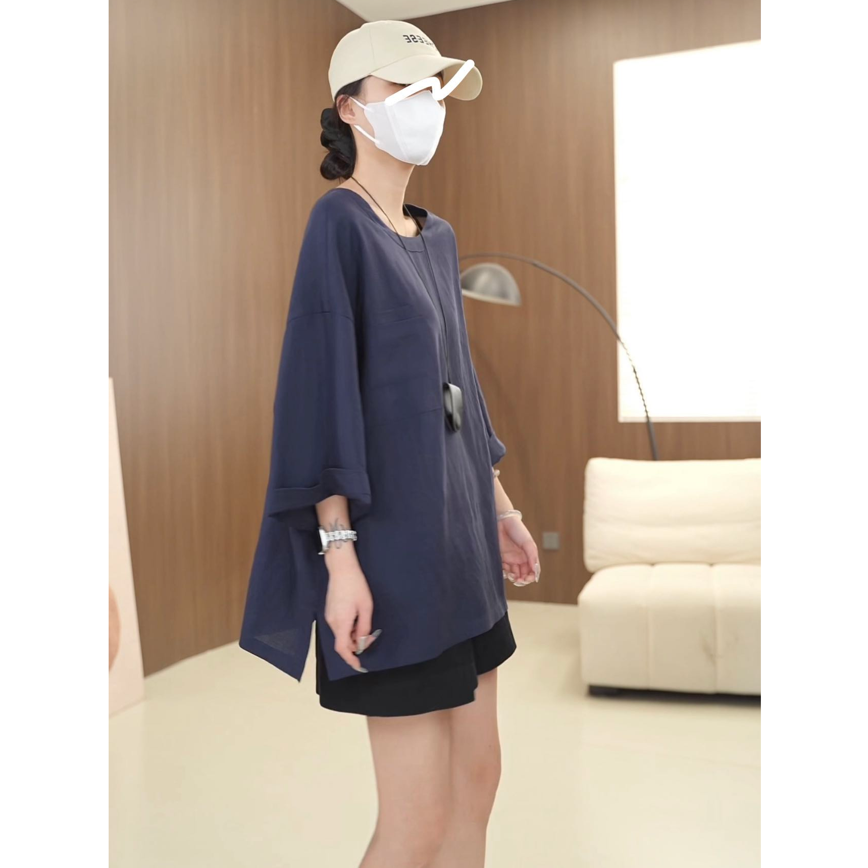 硕哥天丝亚麻后背镂空系带设计百搭宽松韩版大版型短袖T恤 25399