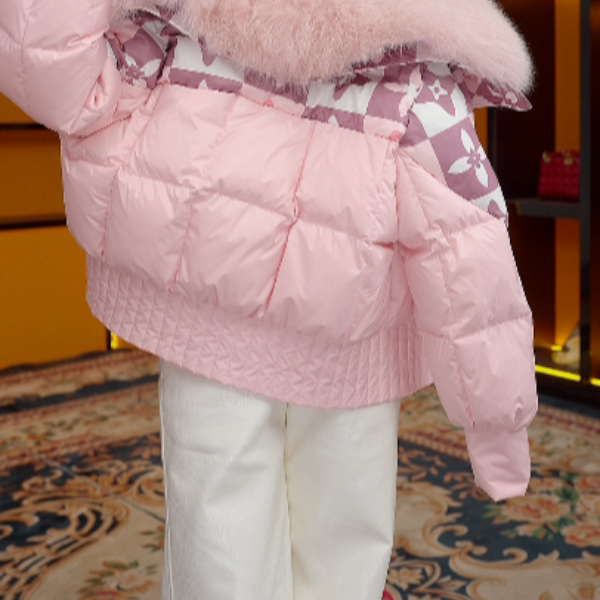 XL-2025年粉色四叶草格子气质保暖时尚优雅羽绒服