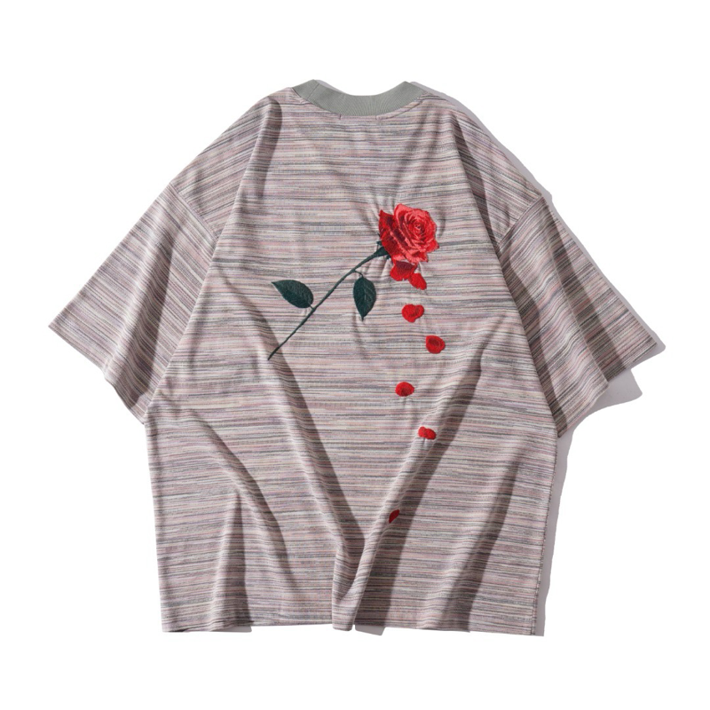 25年春夏新款男女宽松版型玫瑰花刺绣短袖T恤 3154