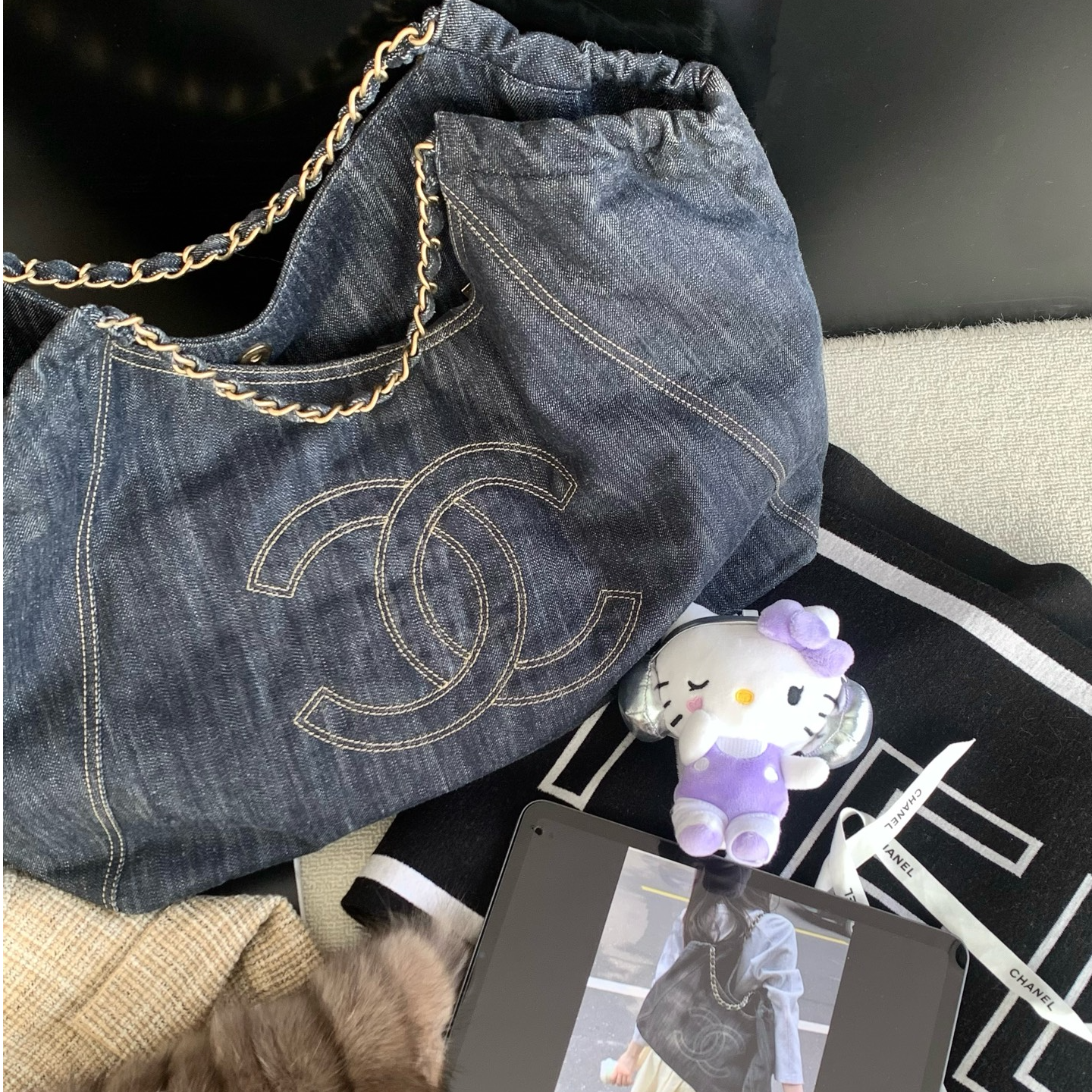 95新 Chanel/香奈儿 24期白百何同款牛仔hobo机场包45cm 18221237