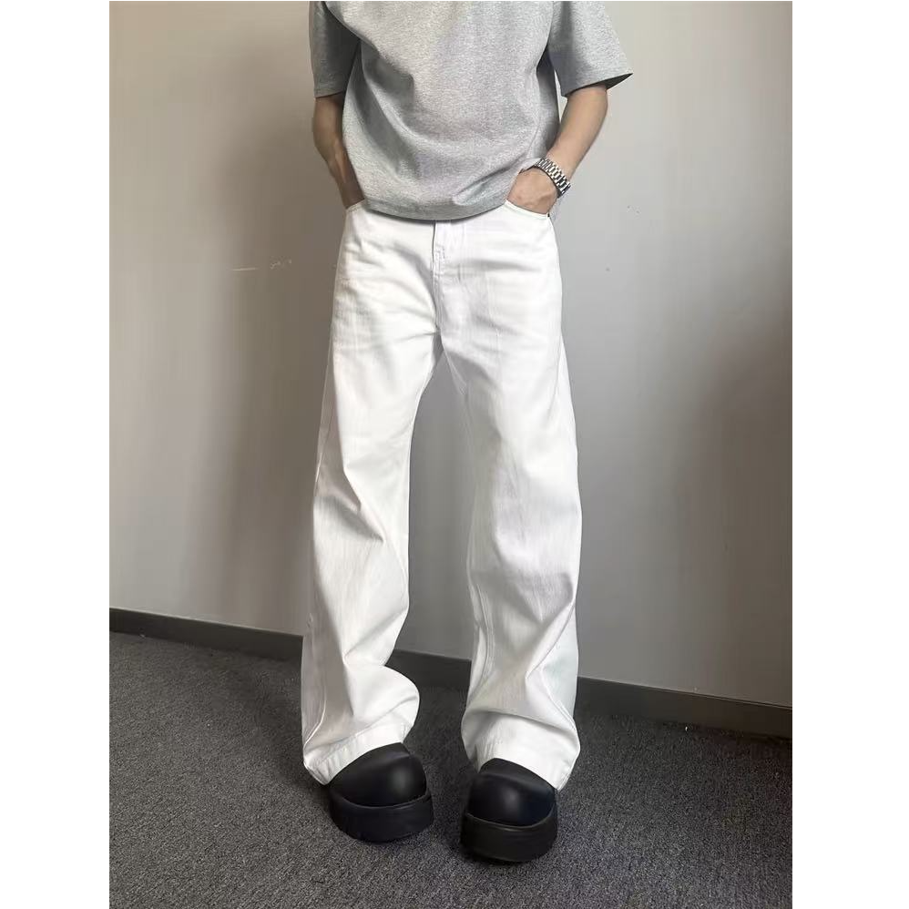 QUALCOMM高级感cleanfit白色牛仔裤男款秋季潮流宽松直筒阔腿长裤