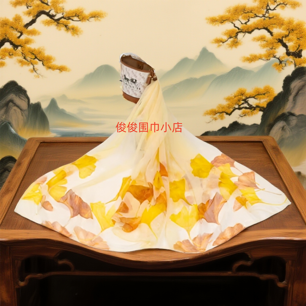 鳄鱼皱米黄银杏叶沙滩巾丝巾140*180