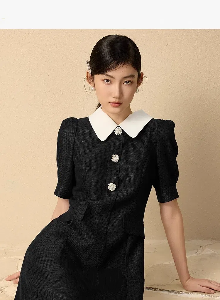 0796优雅小香风收腰黑白撞色连衣裙25夏泡泡袖A摆裙