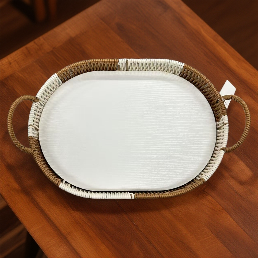 AS46【孤品捡漏】手工编织棕白色椭圆双把手收纳筐