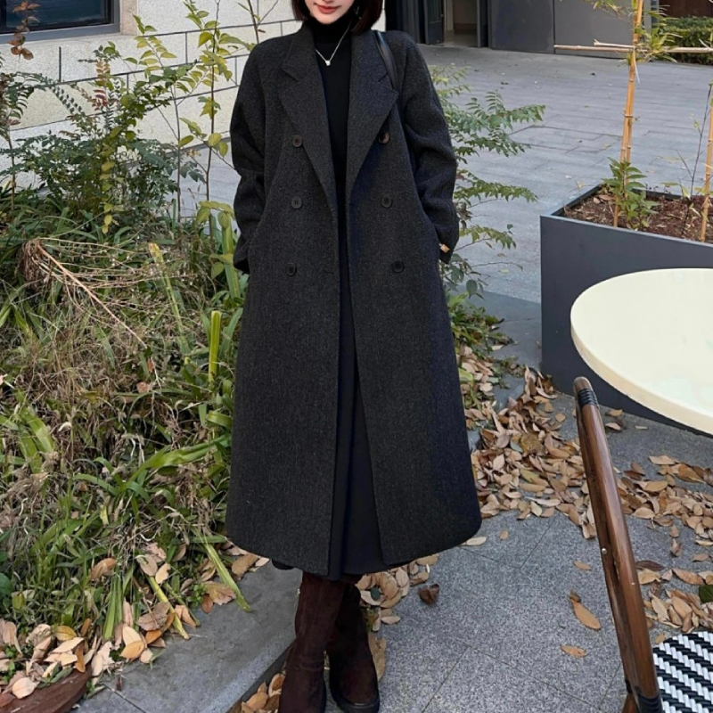 【姚】2025秋冬新款双面羊毛大衣女中长款宽松韩版毛呢外套气质黑色