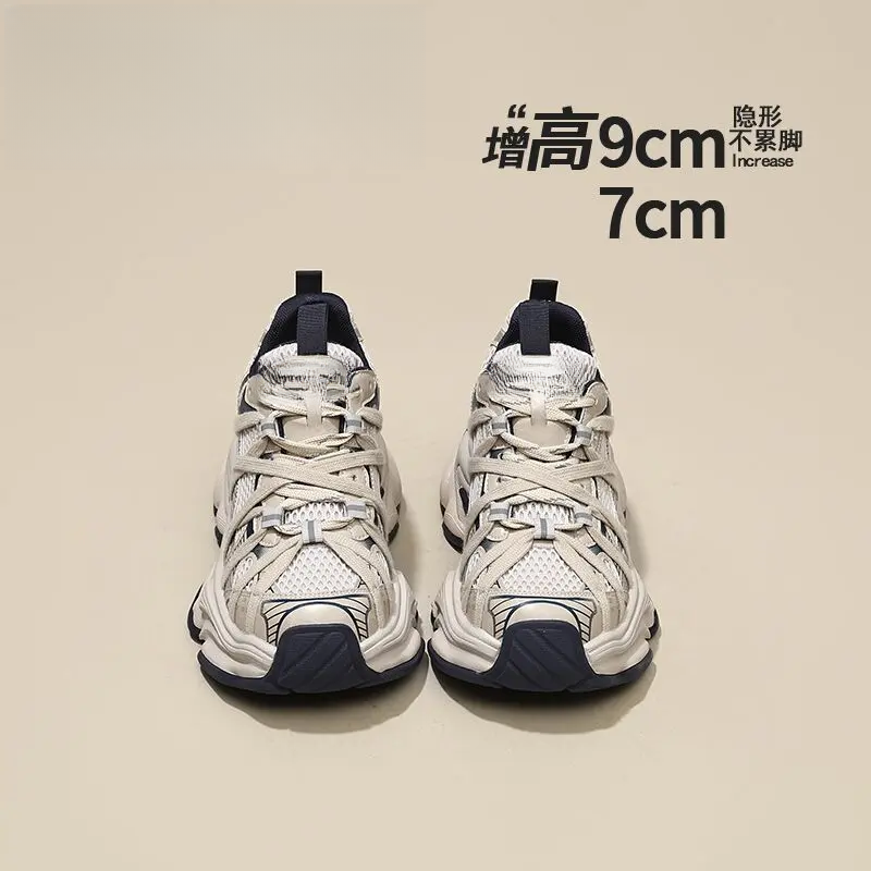 网面厚底运动鞋2025秋冬季新款内增高9加绒跑步绑带老爹鞋女