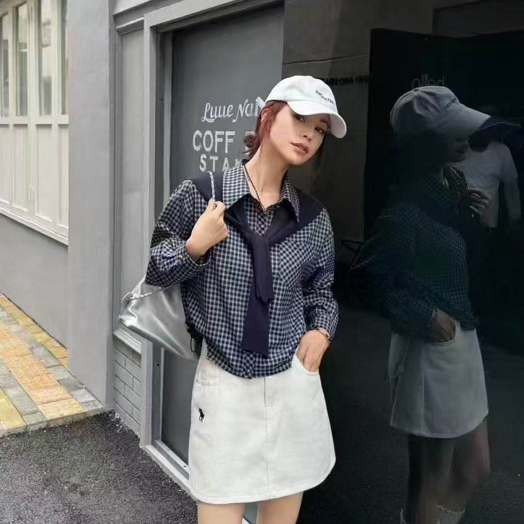 常规POLO领拼接秋季长袖成人衬衫百搭衬衣两件格纹