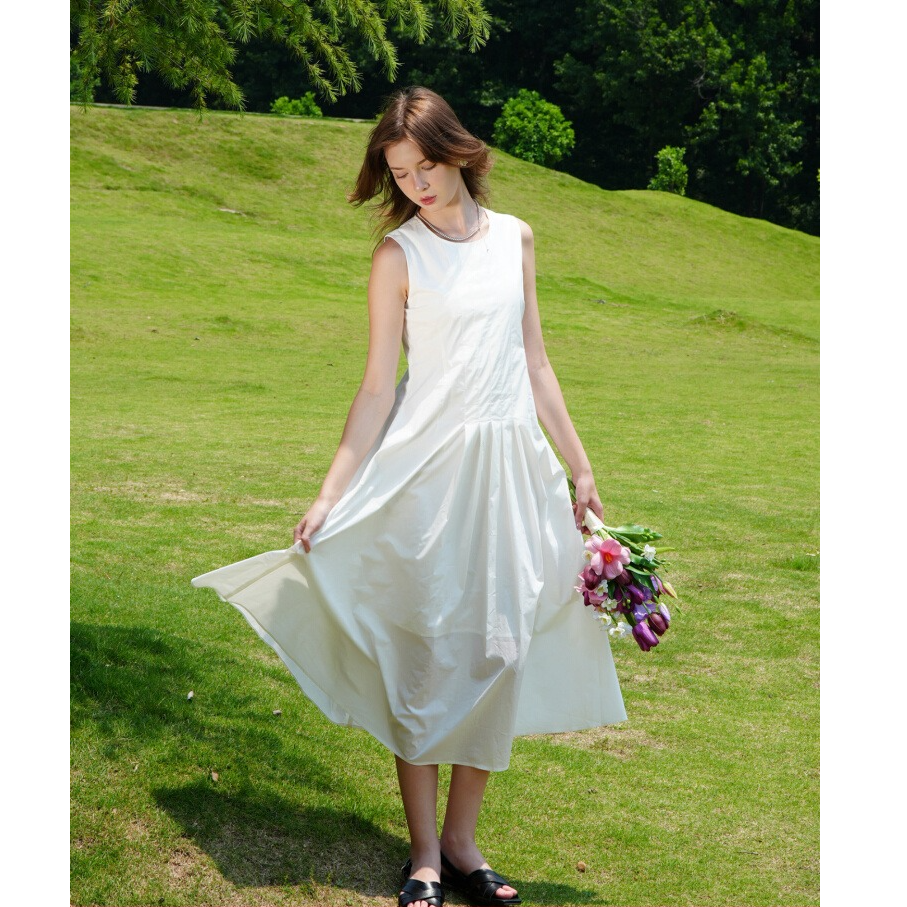 夏季法式气质修身A字裙打揽无袖连衣裙百褶长裙子