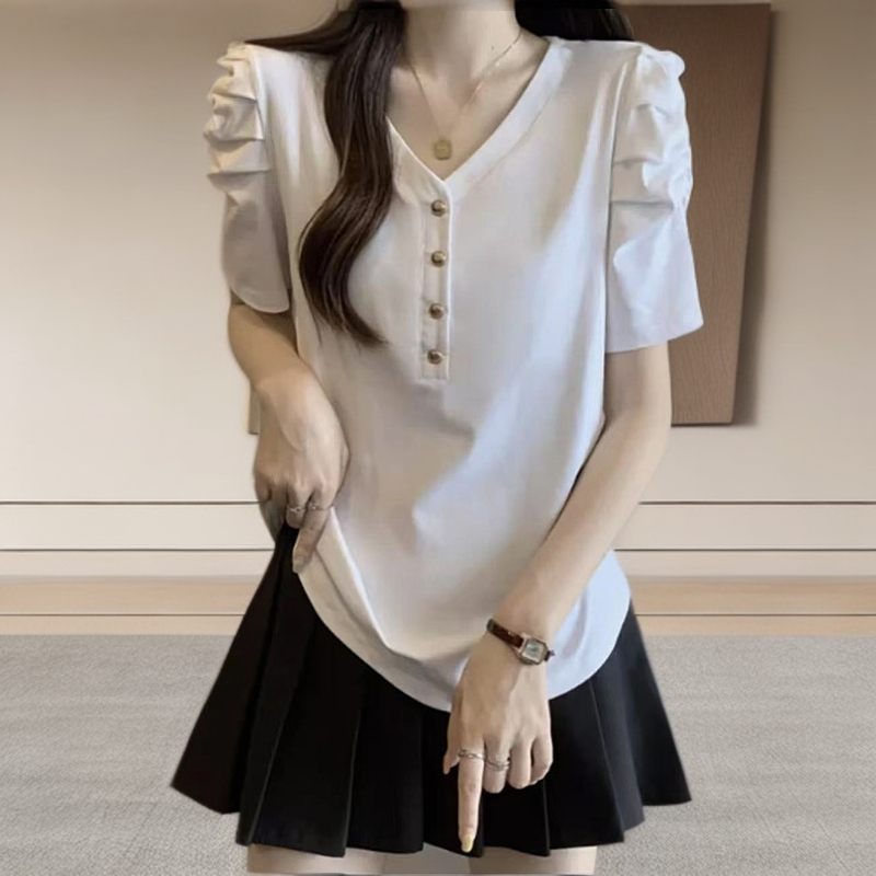 A31#【木兮兮专属】2025夏气质纯色上衣创意抽皱袖显瘦百搭女士T恤