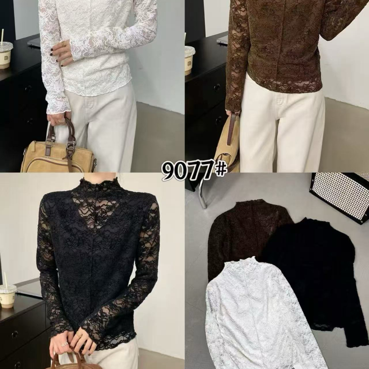 【9077】我#时尚百搭蕾丝修身上衣