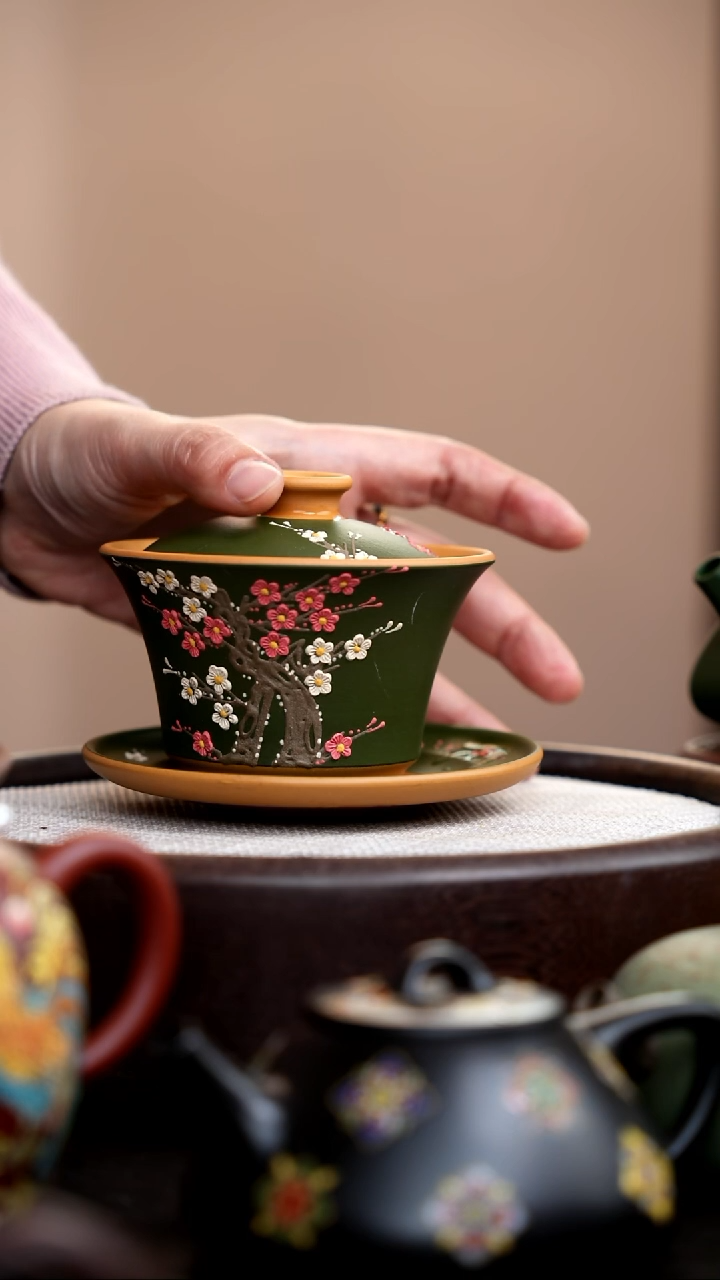 茶壶紫砂民国绿粉浆梅花三才盖碗