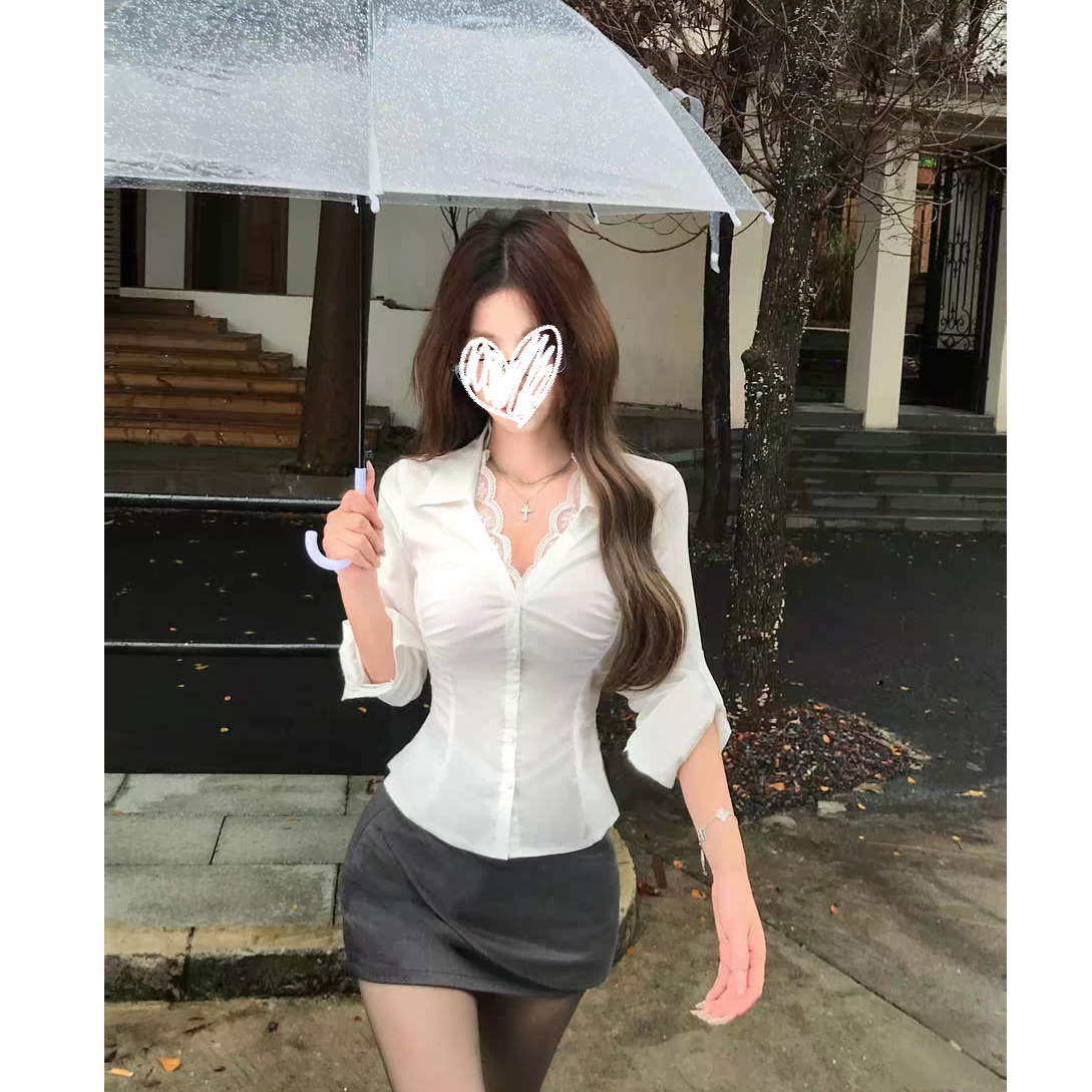 2025年纯欲蕾丝性感长袖衬衫女秋设计感纯欲收腰上衣+裙子