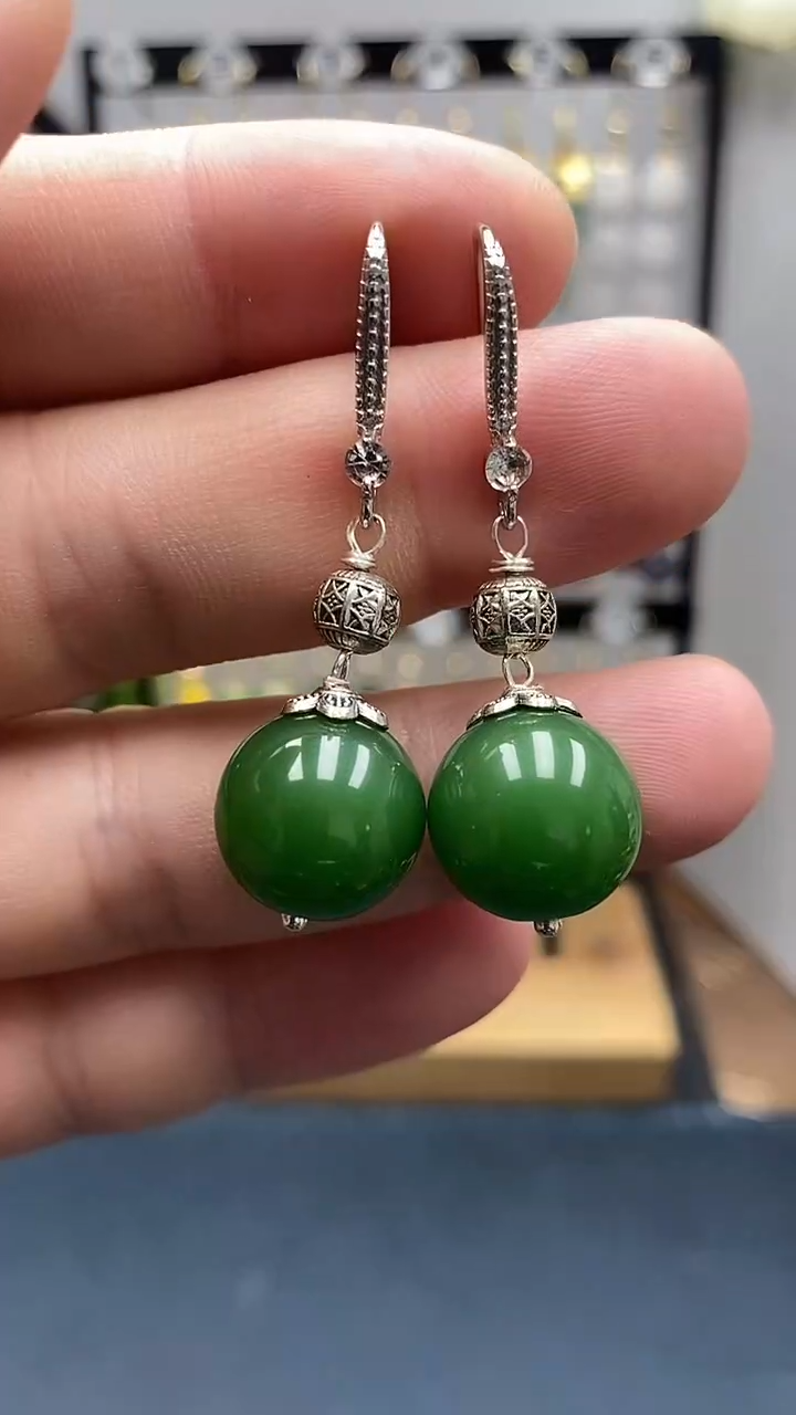 银S925镶嵌和田玉耳饰尺寸14mmA3