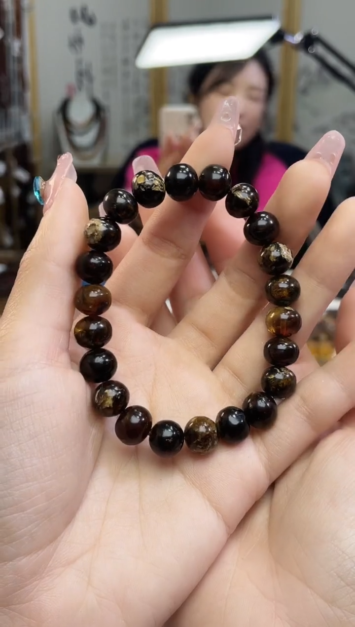 【闪购商品】琥珀裸石未镶嵌9+黑花手串