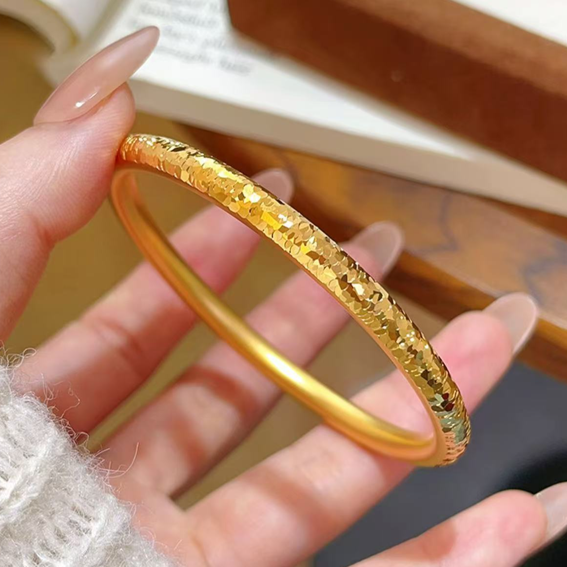 铜合金手镯 碎冰传承精致绝美时尚方形筷子素圈手镯实心闭口镯子