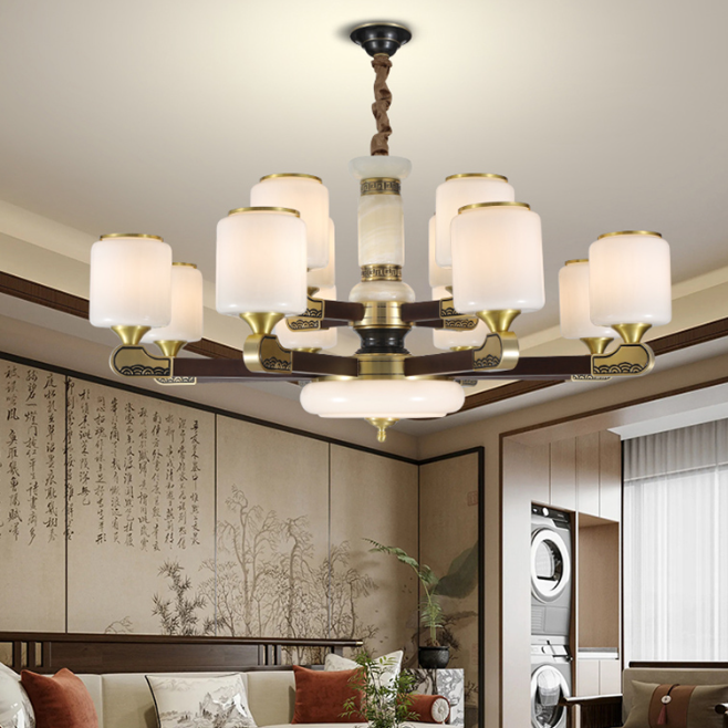全铜吊灯客厅灯中国风玉石餐厅别墅灯具复古大厅大气新中式灯具