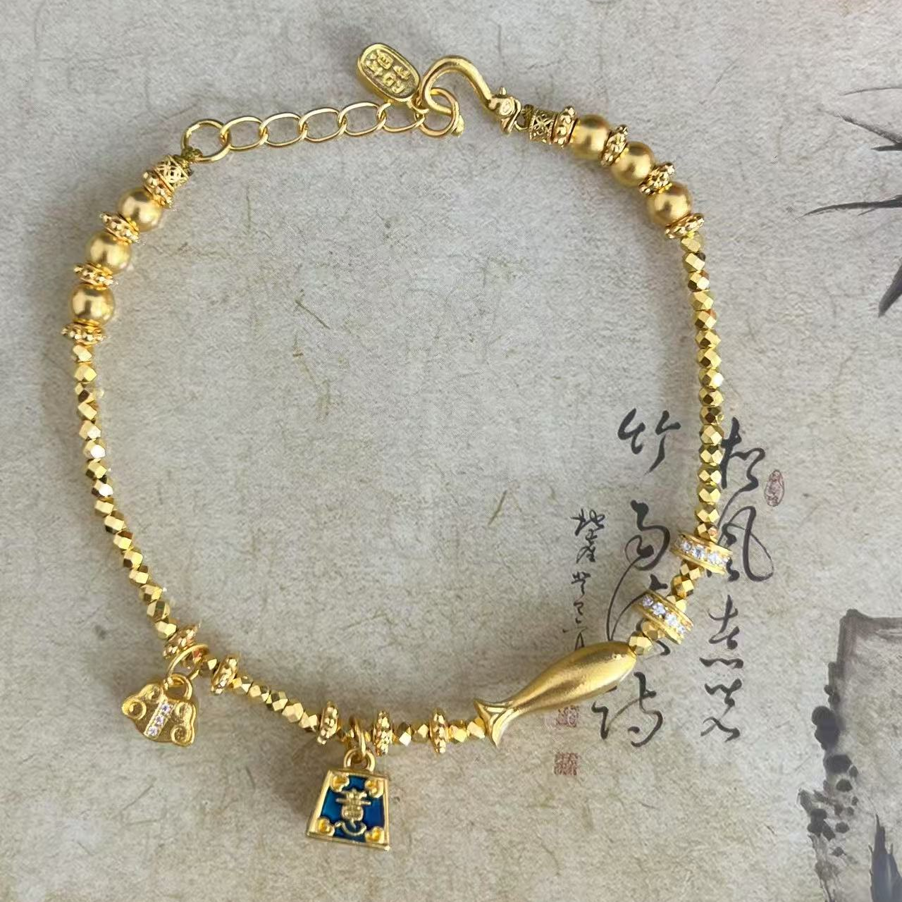 足金999珐琅多彩称心如意小黄鱼蹦迪珠素金可调节手链 04150022